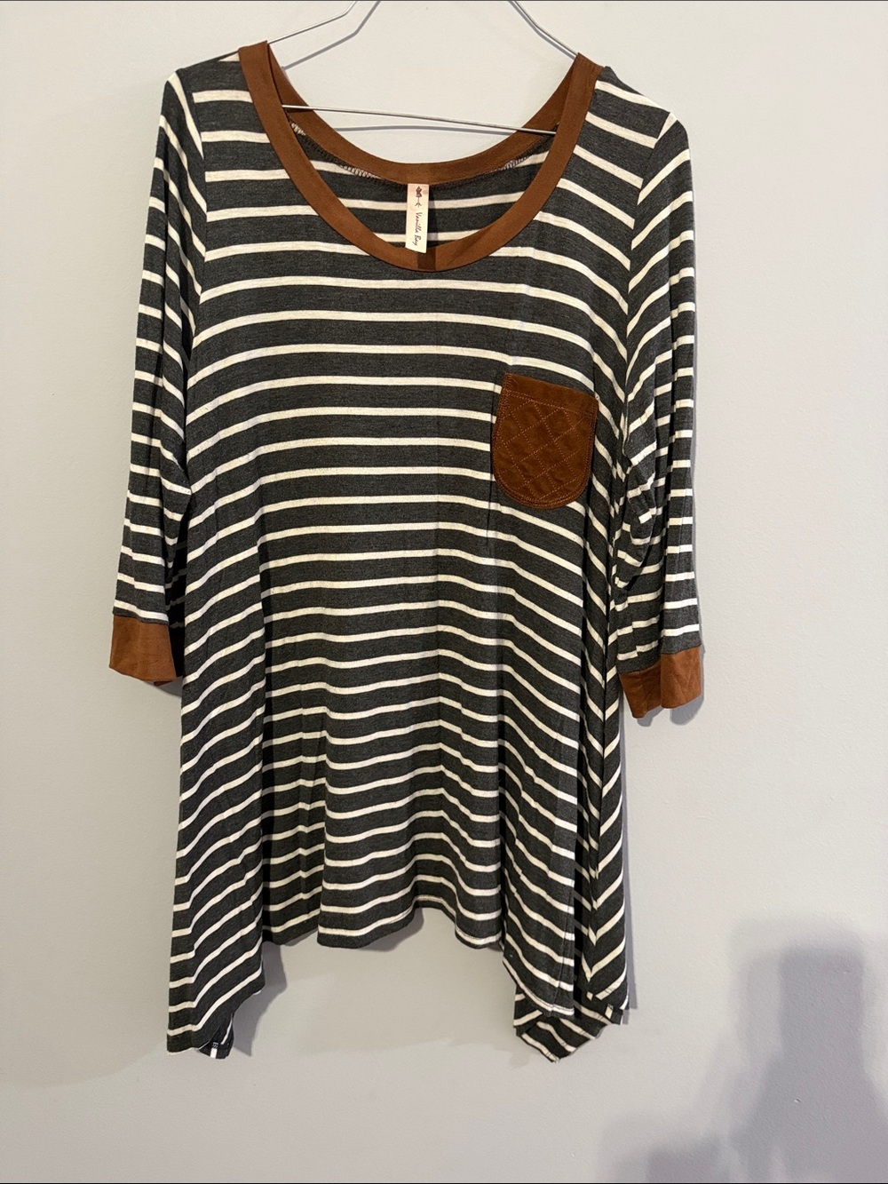 Vanilla Bay Black & White Striped Long-Sleeve Tunic with Brown Trim
